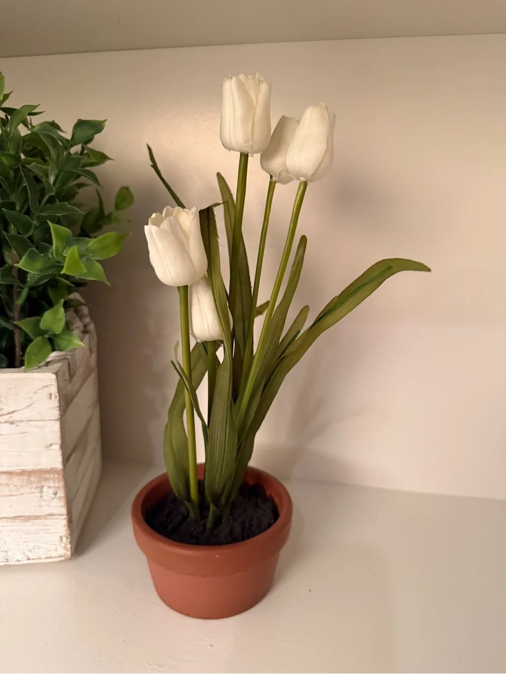 Pottery Barn Faux White Tulip Floral Arrangement Terracotta Pot Cottage Decor